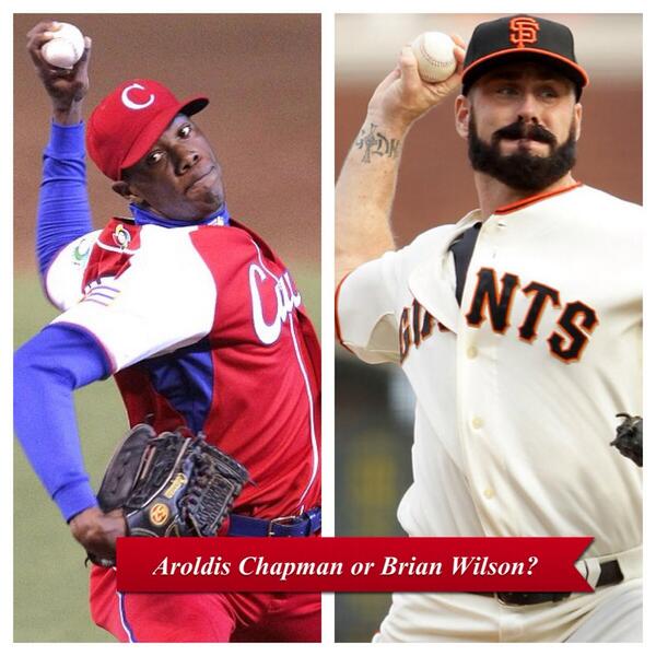 BattlesBaseball's tweet photo. Who would you rather have for your closer? 
Retweet for Aroldis Chapman
Favorite for Brian Wilson http://t.co/R7KldLmg0J