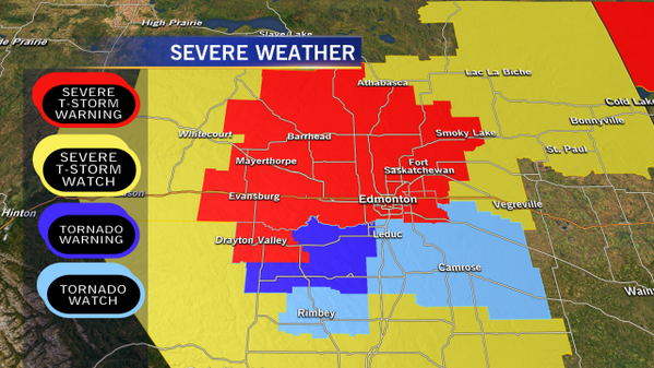 ctvedmonton's tweet photo. Severe Weather Advisories Map as of 9:40pm.  Including Tornado WARNING for areas near approx 15km S of Thorsby #yegwx http://t.co/5Ohjlt3C0g