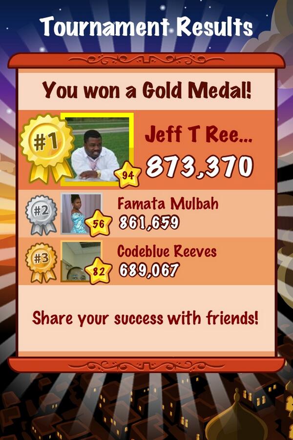 Jeff won the Gold Medal in Diamond Dash Mobile! woo.ga/DiamondDash #DiamondDash