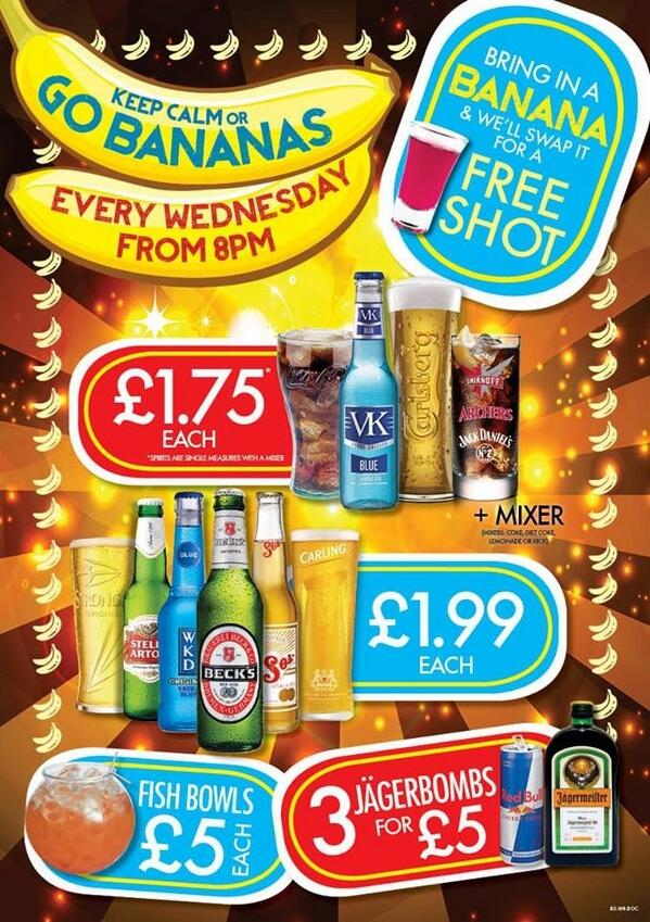 MerchantLeeds's tweet photo. Go Bananas tonight! Bring us a banana and get a free shot for your troubles. We'll even let you have cheap drinks :) http://t.co/noaYYX3kRn