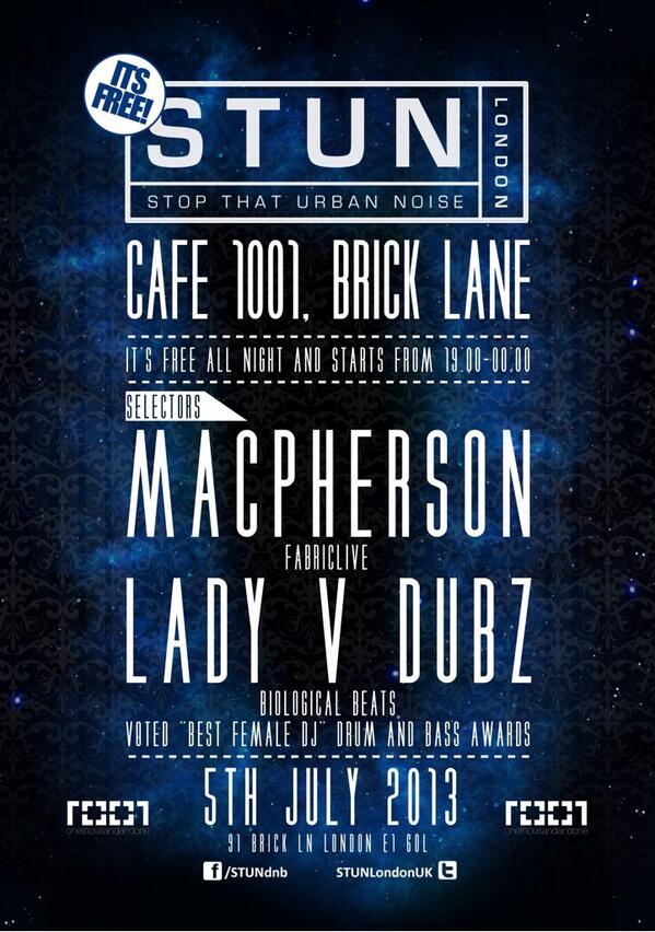 STUNLondonUK's tweet photo. THIS FRI we are BACK at @Cafe1001 w/ FabricLIVE resident @MacphersnFABRIC and no.1 female DJ @LadyVDubz *FREE ENTRY* http://t.co/en7S2ZQvXS