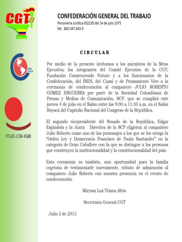 CGTREGIONCARIBE's tweet photo. Felicitaciones al gran líder del Sindicalismo Colombiano y es nuestro Presidente Julio Roberto Gómez Esguerra http://t.co/gxbrDNlzez
