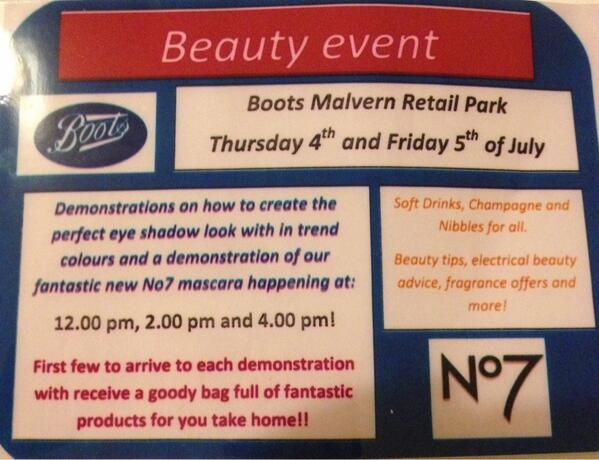 Beauty event in Malvern retail park this Thursday and Friday. Demonstrations, free goodies and champagne!