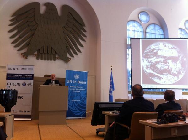 UN_SPIDER's tweet photo. Marc #Doherty of @esa talking about the first geostationary satellite #meteosat1 #ase26 http://t.co/2Xb0uhxIXG