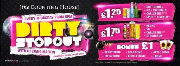 #DirtyStopout TONIGHT from 8pm with @DJCraigMartin drinks offers ALL BOMBS £1 Bottles &amp; Spirits from £1.25