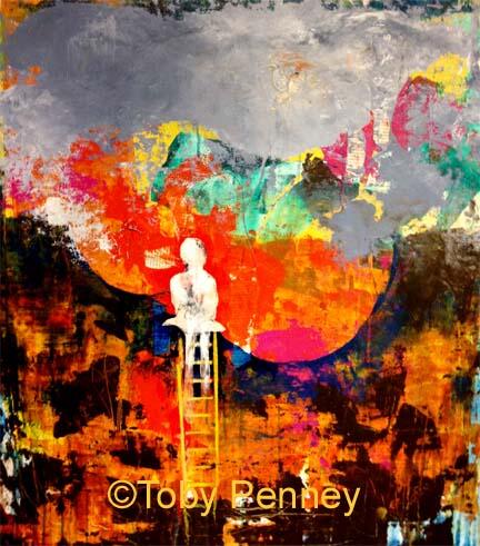 Climbing to a Falling Sky- #mixedmedia w #reclaimed fabric - 28 x 32 in #art #painting www.facebook/TobyPenneyArt
