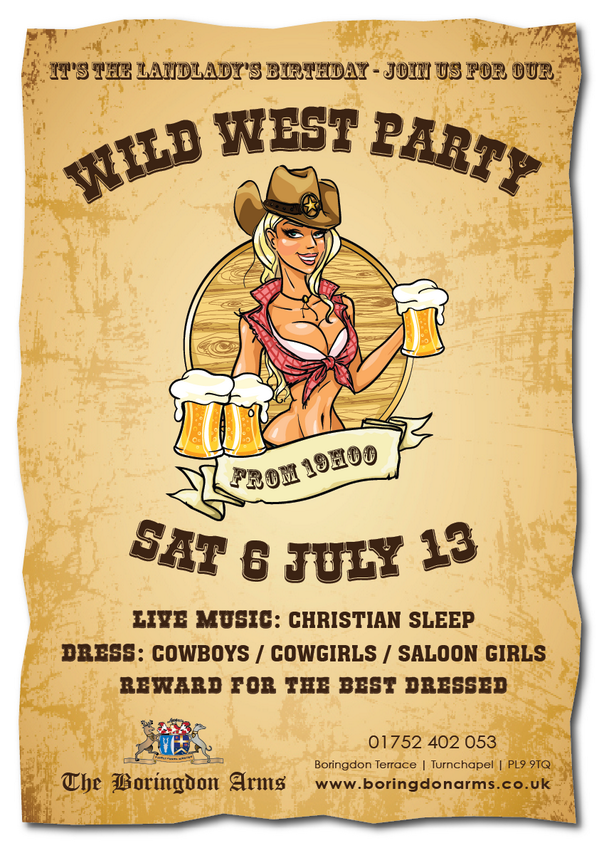 BoringdonArms1's tweet photo. We are having a Wild West Party Sat 6 July -8pm, prizes for the best &amp; worst dressed - Live Music: Christian Sleep http://t.co/nCcgg1KFtd