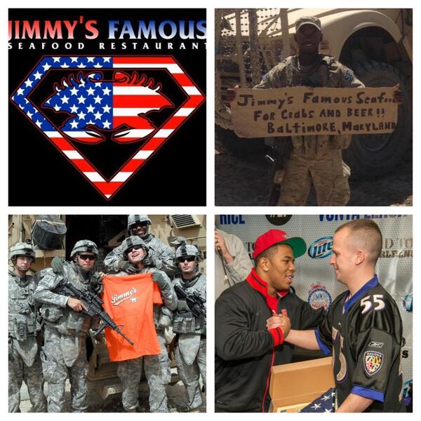 JimmysSeafood's tweet photo. Jimmy's &amp; our extended family thanks the troops 4 their sacrifice - today &amp; everyday. Ain't that right, @RayRice27? http://t.co/HvwQVMml1W