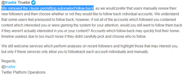 TweetSmarter's tweet photo. Auto-follow-back apps are now in violation of Twitter guidelines: https://t.co/j077gxNjhP http://t.co/0gF9pTu1Bh