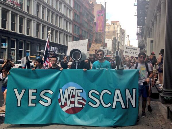 OccupyWallStNYC's tweet photo. They say wiretap! We say fight back! #4th #Restorethe4th #solidarity #July4th #NYC #Snowden #RTFNYC http://t.co/QbD8MmR5jU"