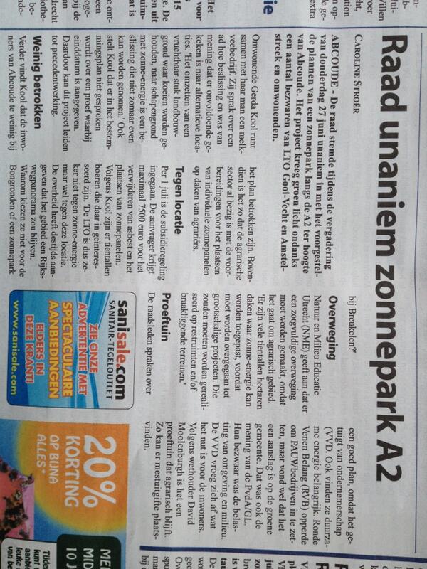 AbcoudeNu's tweet photo. Onbegrijpelijk besluit van de raad #DRV . Instemmen met #zonnenpark_Abcoude en zo je eigen buitengebied verrommelen! http://t.co/6jhivI2HFu