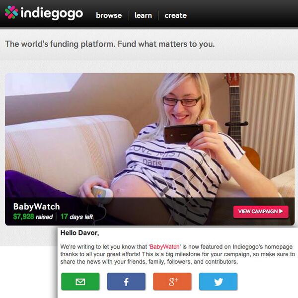 davorrunje's tweet photo. @richardbranson Our BabyWatch app is now featured on Indiegogo's homepage! http://t.co/WR3yKUXAHf #askrichard http://t.co/Zy2kaX5iYT