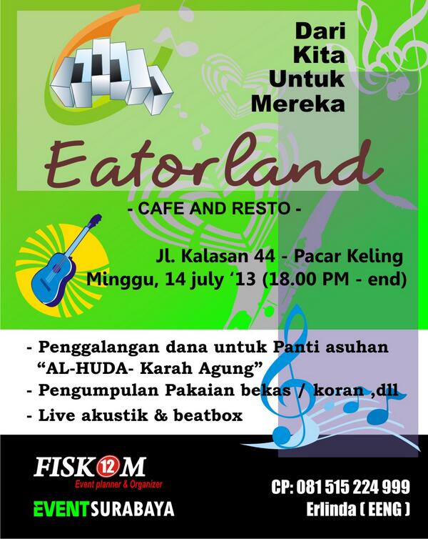 Oia.. Minggu ada event keren nie. Sambil beramal kita juga bisa menikmati Live Music juga di <a href="/EatorlandCafe/">eatorland caferesto</a> ,cek this