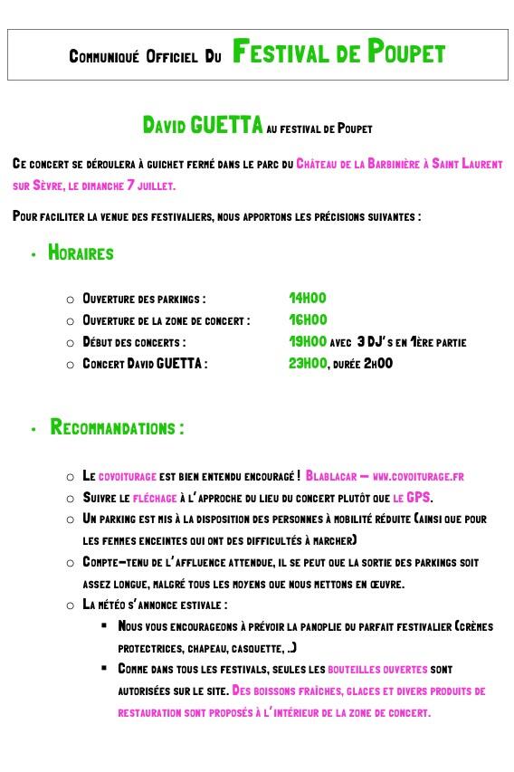 FestivalPoupet's tweet photo. Communiqué Officiel pour le concert de #davidguetta ce dimanche !!!
Faites tourner le plus possible !!!
#poupet2013 http://t.co/O15QC0CWBl