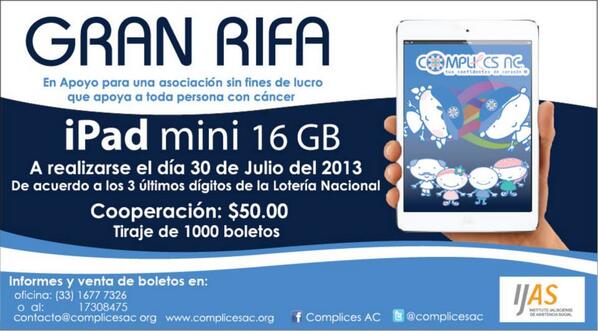 ComplicesAC's tweet photo. Ayudanos a procurar fondos con una gran rifa iPad Mini 16GB http://t.co/4h7coQaPXh
