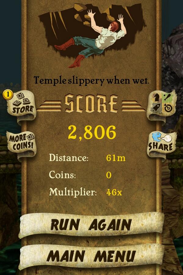 TravTins's tweet photo. I got 2,806 points while escaping from demon monkeys. Beat that! http://t.co/v03Oy8LZ5g #TempleRunl http://t.co/5SEKE4IXMO