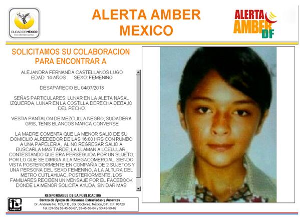 locatel_mx's tweet photo. #AlertaAmber ALEJANDRA FERNANDA CASTELLANOS LUGO de 14 años de edad. #RT Más informes en la imagen: http://t.co/ZhIQz26Jtj