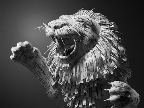 Check out this paper lion constructed from hotel receipts by designer Kyle Bean