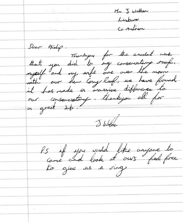 Cosyroof's tweet photo. Don't take our word for it. Here's what another customer thinks about the Cosyroof system in their own hand writing! http://t.co/EmI3BItcVx