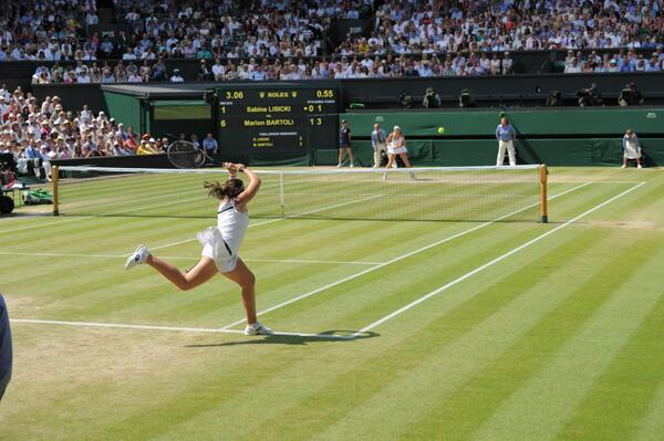 Wimbledon's tweet photo. Ace for #Bartoli. She is the 2013 #Wimbledon Champion 6-1 6-4 v #Lisicki. She climbs into the stands to her family. http://t.co/XiPkIROFDj