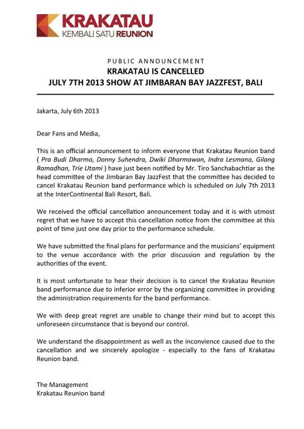 **Public Announcement** Krakatau batal tampil hari ini di Bali..