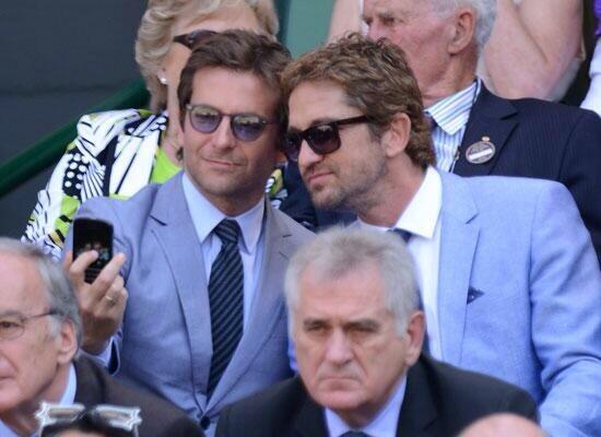 ReeceS_'s tweet photo. Bradley Cooper and Gerard Butler casually taking a selfie at Wimbledon http://t.co/7mSRDzSz7H