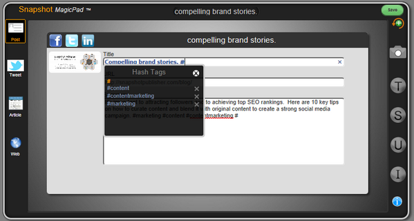 SnapshotDev's tweet photo. Hash Tag List support! Easily reuse your important Hash Tags. #content #contentmarketing http://t.co/OBZrg2LyGh http://t.co/QDrrRWez7m