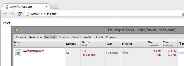 joshbroton's tweet image. Well, that&apos;s interesting. Good use of 418, @litmos. #ImATeapot