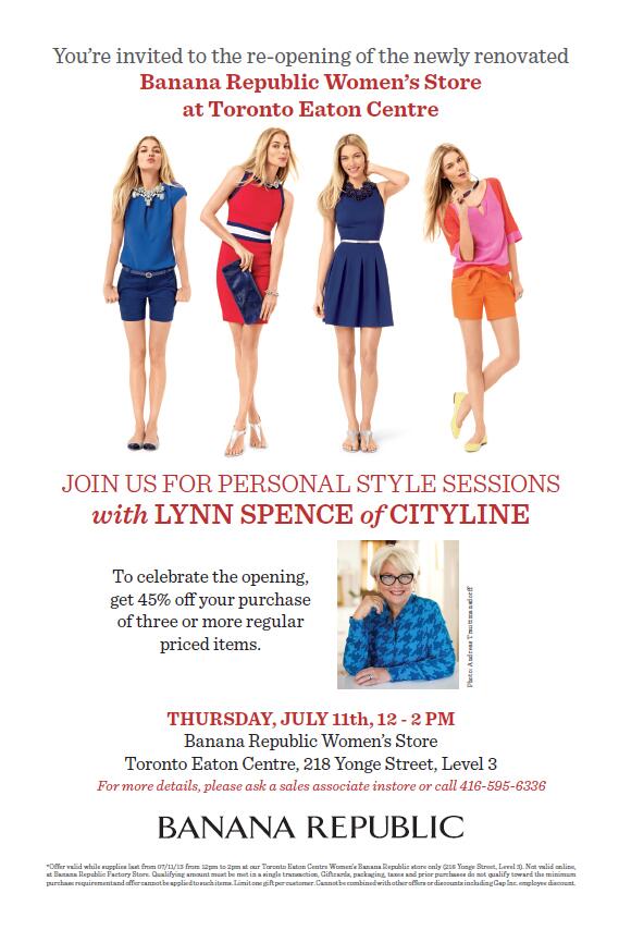 BRStyleCA's tweet photo. #Toronto This Jul. 11, 12-2pm, come celebrate our new @toeatoncentre women's store with the one and only Lynn Spence! http://t.co/ADmvw12DJl