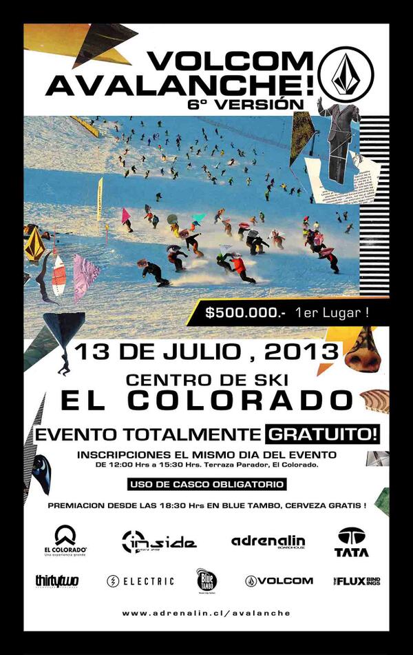 Insideshop's tweet photo. VOLCOM Avalanche 2013 / Sábado 13 / Centro de SKI "EL COLORADO" http://t.co/UlXQMMz1HJ http://t.co/PcrcRuNfnz