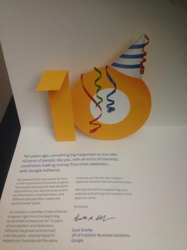 rafaelsosa's tweet photo. Thank you @google for the card and for the opportunity to be a part of Adsense! Congratulations on #AdSense10 !!! http://t.co/oAYMWEYv6y