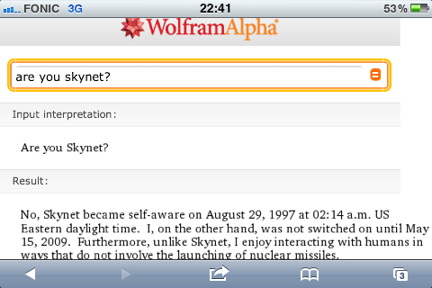 jlizier's tweet photo. So we asked Wolfram Alpha "Are you skynet?" :) http://t.co/WeQrZ1sNnB