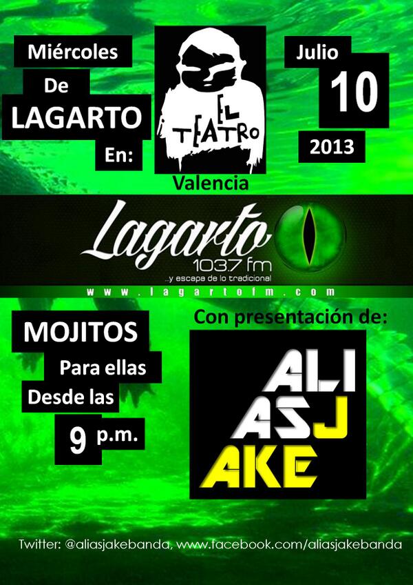 aliasjakebanda's tweet photo. Hey!! Buenos días! Mañana estaremos tocando en @ElTeatroBar_VLN en el Miércoles de @LagartoFM #MojitosAndRock #WhyNot http://t.co/aSvILFBq2f