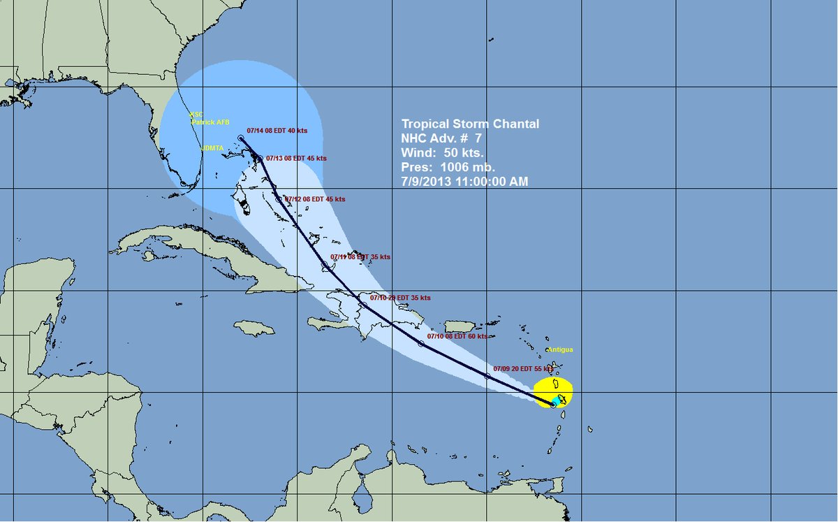 Coach_OG's tweet image. TS Chantal is 1,500 miles SE of Cocoa Beach. Sustained winds 58 mph gusting to 69 mph. Moving W/NW at 29 mph. #mebro