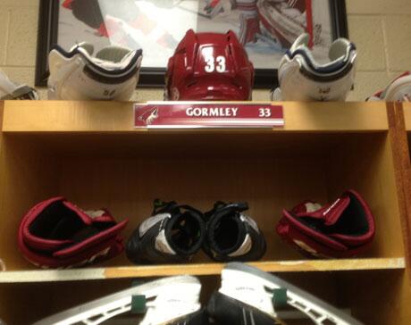 ArizonaCoyotes's tweet photo. #Coyotes prospect Brandon Gormley's stall is full of gear inside the @iceden just before start of Development Camp http://t.co/p3gHGmWGuZ