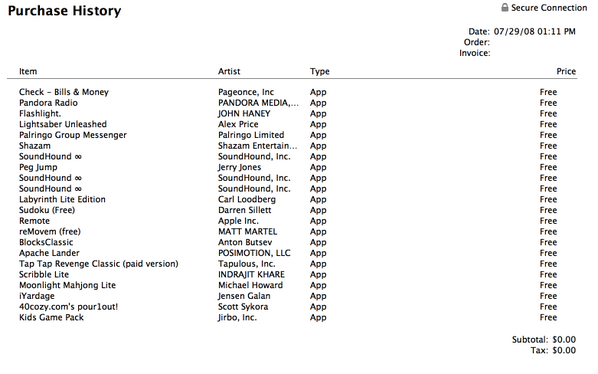 adizz's tweet image. @AppStore my first app store bill! These were the chosen few during july 2008! #5YearsoftheAppStore @Shazam #40ozcozy