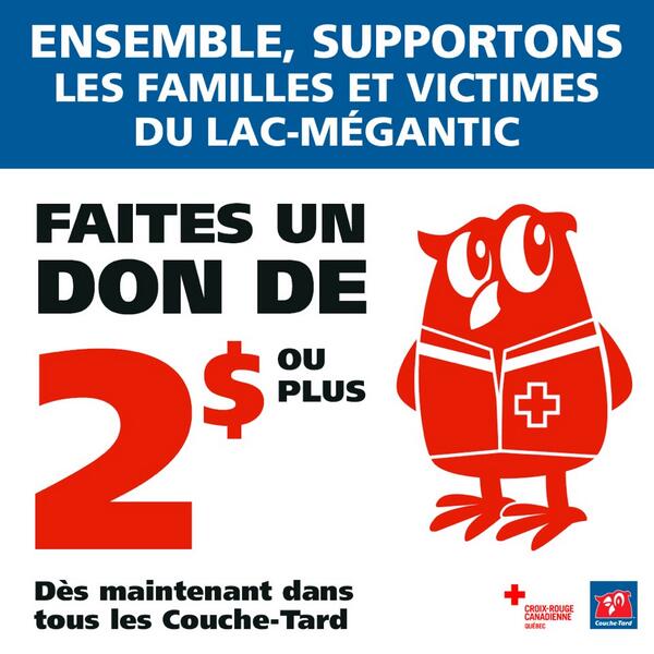 Ensemble, supportons les familles et victimes du Lac-Mégantic en ajoutant 2$ à votre facture. ‎#LacMégantic