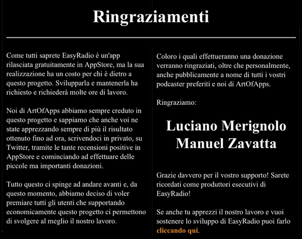 ArtOfApps's tweet photo. EasyRadio2.3 è in AppStore!Abbiamo aggiunto una pagina di ringraziamento per voi utenti che decidete di supportarci 😊 http://t.co/rIYlBEASWT