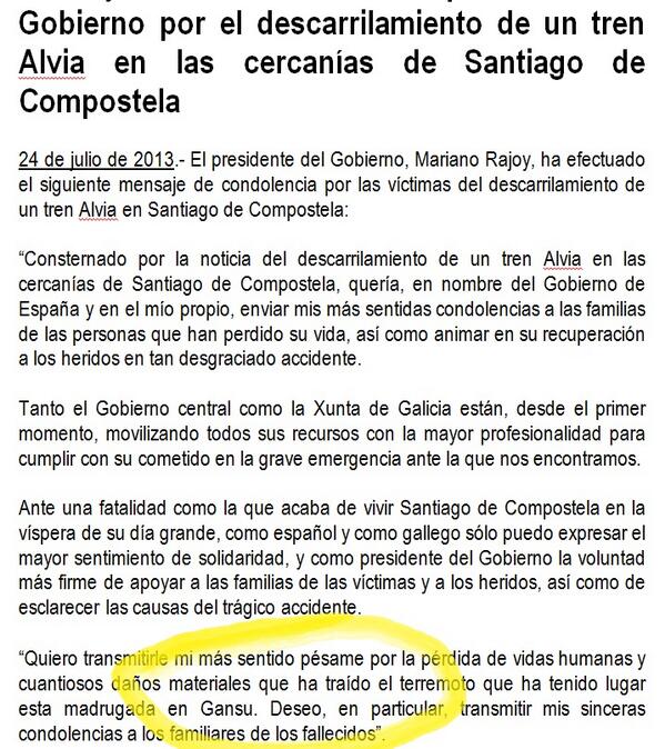 El Gobierno manda un pésame equivocado. Copia, pega y se le escapa al final para las "víctimas de Gansu" #santiago