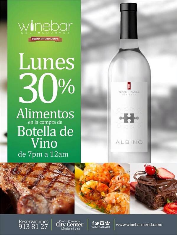 WinebarMID's tweet photo. Hoy lunes en la compra de una botella de vino te damos 30% de descuento en todo lo que consumas de alimentos! http://t.co/ztc6Eg6eBr