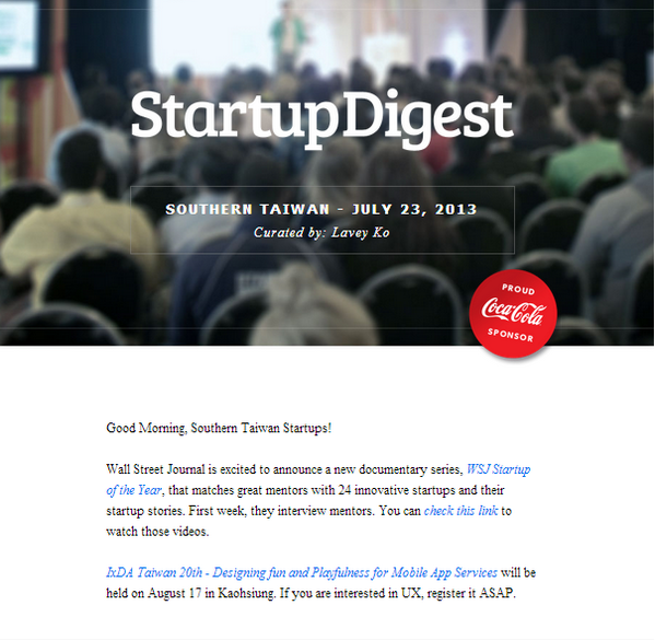 laveyko's tweet photo. 換新版面的Southern Taiwan StartupDigest. New look of Southern Taiwan #StartupDigest @jameshilltaiwan http://t.co/0UEcIAxeGS