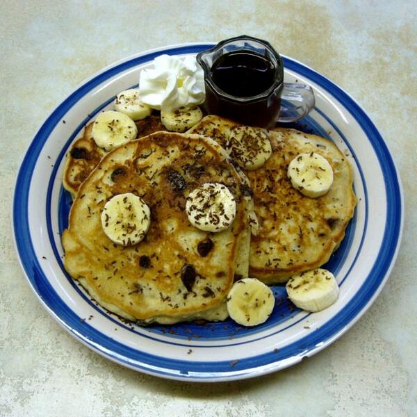 Banana Cinnamon Chocolate Chip Pancakes -- all week long!! #biddeford #diner #special
