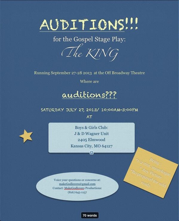 KaishaMozee's tweet photo. Auditions Sat:10-3 at the Boys and Girls Club 2405 Elmwood, KCMO 64127! Bring 1-2min. Piece,any pic!!! http://t.co/ryMjW9OoQW
