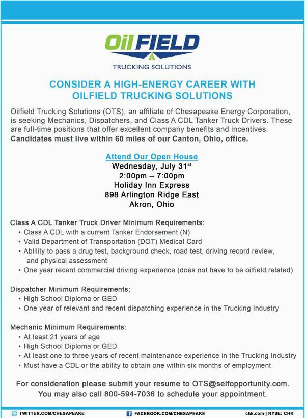 JOBS: In one week, CHK affiliate Oilfield Trucking Solutions is hiring Class A CDL drivers, mechanics &amp; dispatchers.