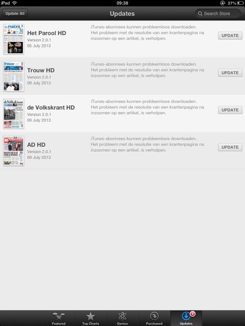 Alle kranten op mijn iPad zijn toe aan een update. Ze zijn nu allemaal 'HD'. Maar of dat voor het AD zo handig was...