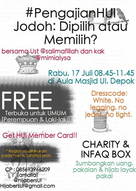 HijabersUI's tweet photo. @HijabCommTNG Silakan dtg ke #PengajianHUI  "Jodoh: Dipilih/Memilih?" BESOK. MUI jam 8.45-11.45. FREE. Cek fav :) http://t.co/tePA8zJbIG