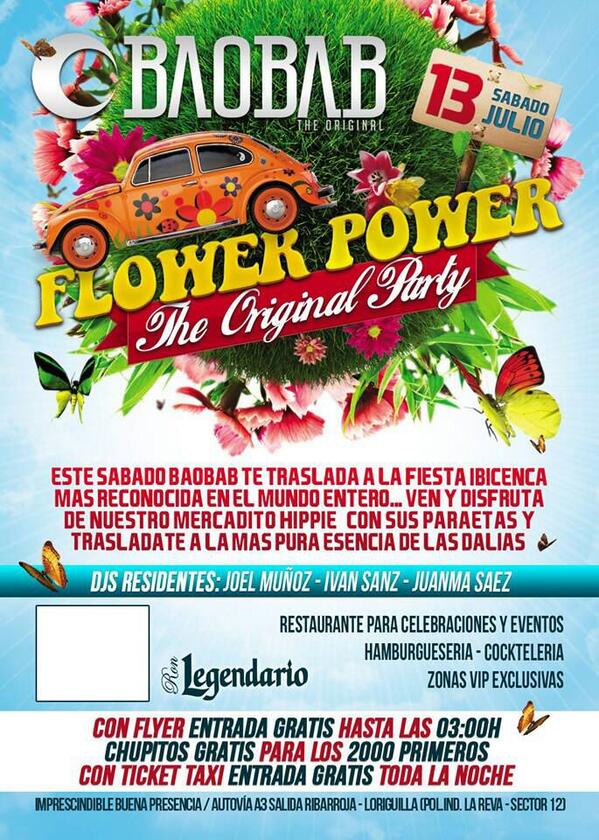BaobabValencia's tweet photo. Sta noxe fiesta #flowerpower cn toda la esencia d la isla blanca..contarems hasta cn un hippie market!!vn y disfruta! http://t.co/qSULjXmDxR