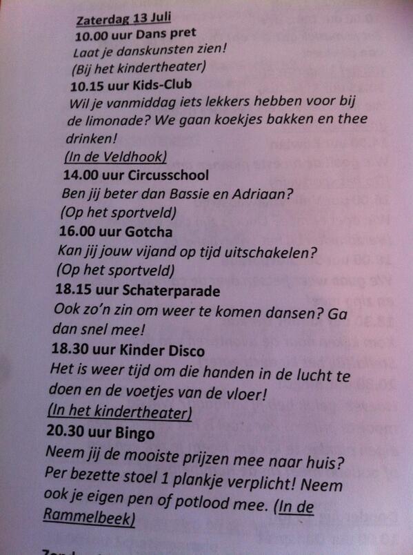 CampRammelbeek's tweet photo. Het programma van vandaag. Met vanavond Bingo om 20.30 uur in de Rammelbeek http://t.co/yQUUVbkzde