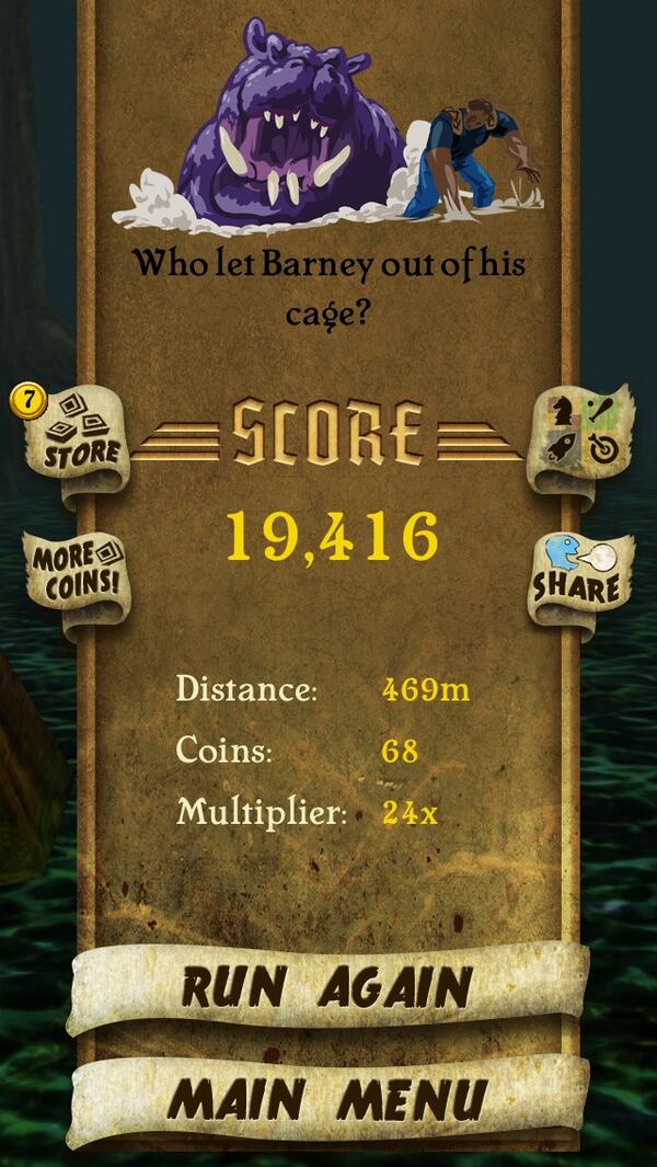 WooDro21's tweet photo. I got 19,416 points while escaping from demon monkeys. Beat that! http://t.co/dOOZ1ru4a3 #TempleRun http://t.co/svpv8e1Wp4