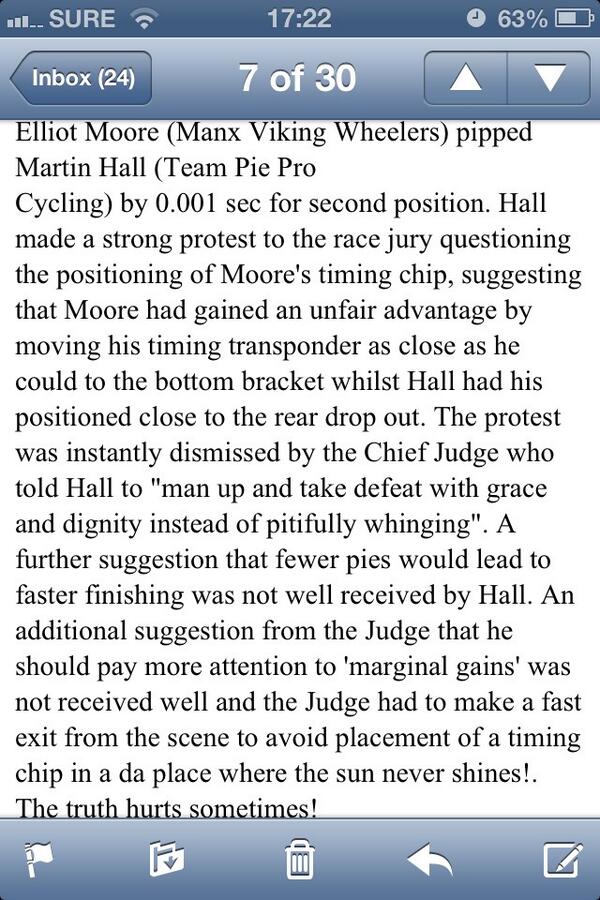 TeamPieCycling's tweet photo. Team Pie rider being unfairly treated in race results by @SASEventsIOM #wehavecontactedPatMcQuaid #pieordie http://t.co/AlMSdTuF9o